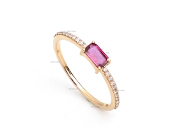 Ruby emerald cut prong set diamond thin ring gold | Natural ruby diamond stackable ring gold | Ruby octagon mini diamond ring gold