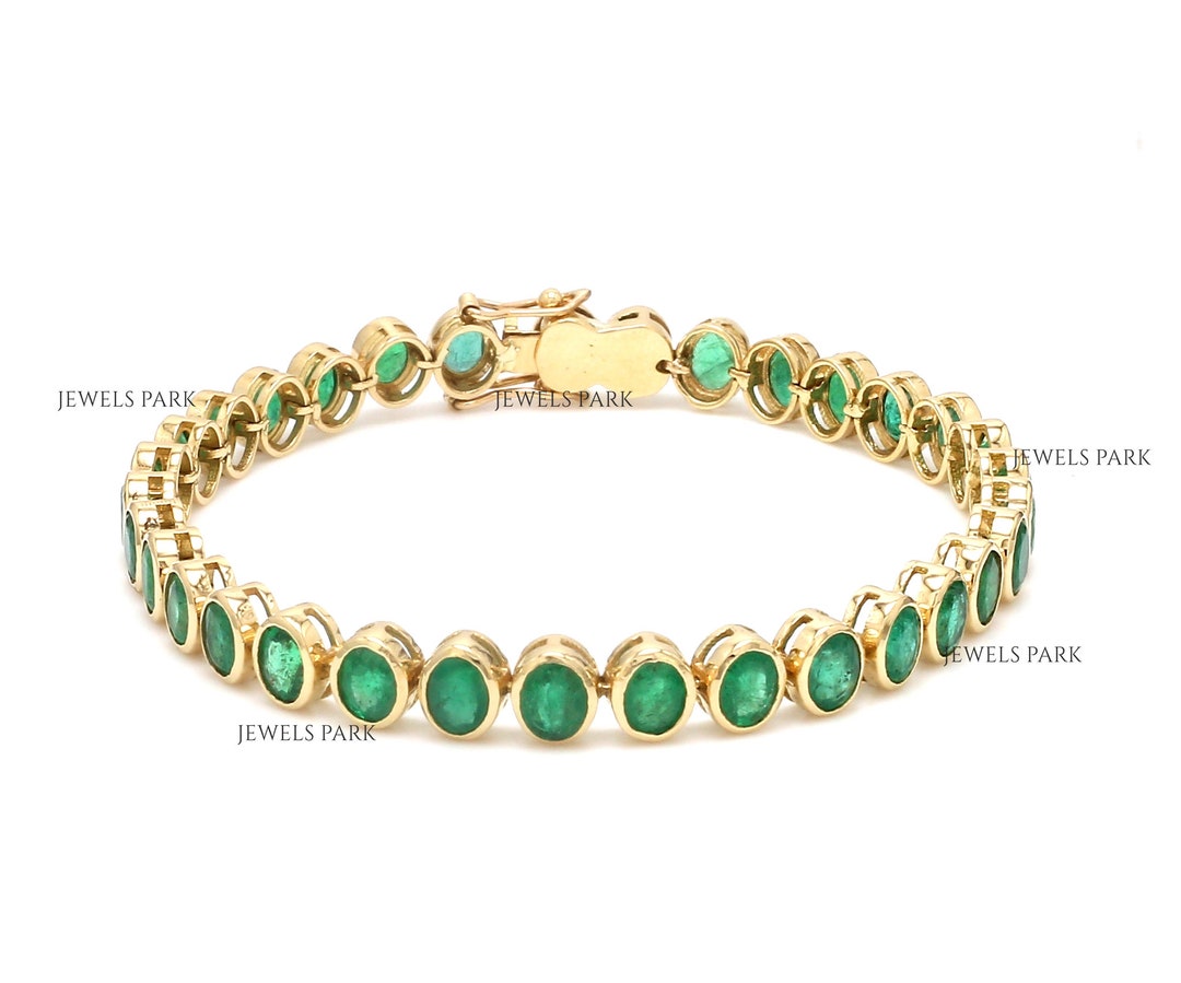 Real Emerald Oval Shape Bezel Set Tennis Bracelet Gold Natural Emerald Tennis Bracelet Gold