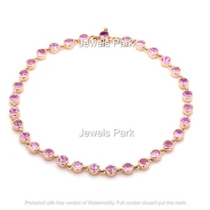 14K solid gold pink sapphire tennis bracelet, Natural bezel set pink sapphire bracelet, Pink sapphire link chain bracelet gold, Gift for her