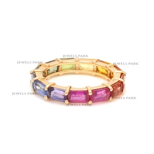 Rainbow sapphire emerald cut eternity band ring gold | Natural vibrant colour rainbow sapphire eternity band gold | Rainbow sapphire ring