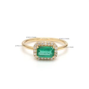 Emerald octagon cut diamond ring gold | Natural emerald octagon prong set diamond ring gold | Emerald cut emerald diamond dainty ring gold