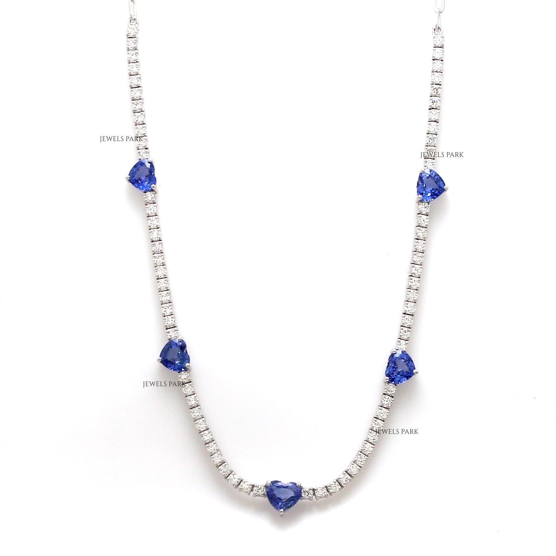 Blue Sapphire Heart Diamond Tennis Necklace Gold | Natural Blue