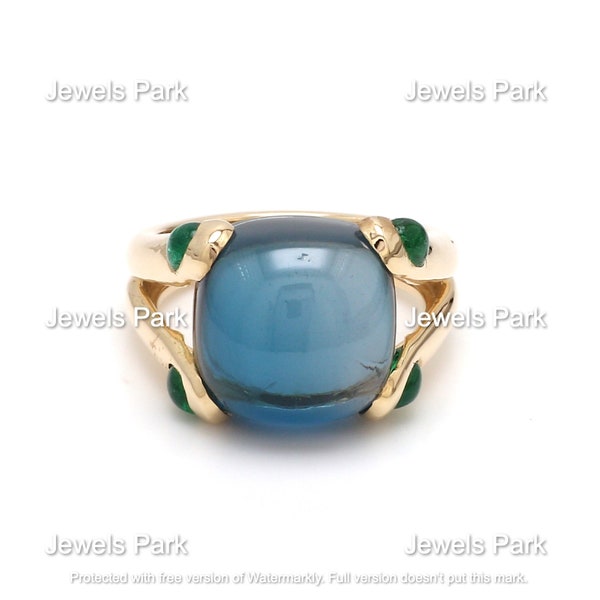 Blue topaz emerald pomellato style ring 14K 18K gold | Natural big london blue topaz chunky ring gold | Emerald cut verdura style ring gold