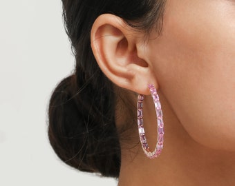 Pink sapphire emerald cut hoops earrings gold | Natural 5x3MM pink sapphire inside out hoop earrings gold | Pink sapphire hoops earring gold