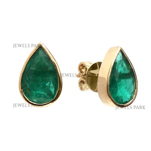 Real emerald pear shape big bezel set studs earring gold | Natural 3CTW emerald pear stud earrings gold | Pear shape emerald earrings gold