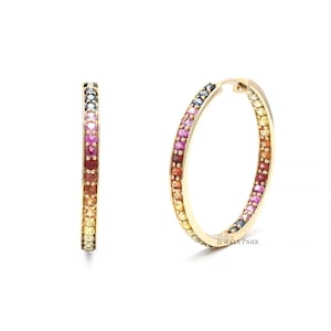 Rainbow sapphire hoops earrings in 14k 18k gold, Natural multi sapphire rainbow ombre hoops, Rainbow hoops earrings gold, Ready to ship gift