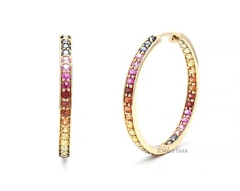 Rainbow sapphire hoops earrings in 14k 18k gold, Natural multi sapphire rainbow ombre hoops, Rainbow hoops earrings gold, Ready to ship gift