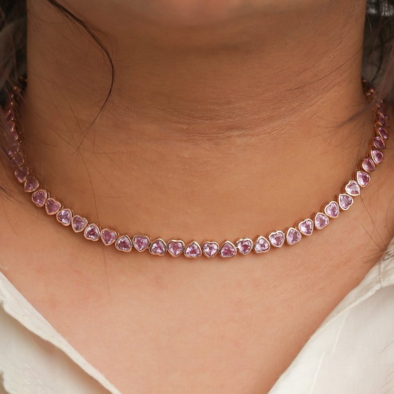 Pink Sapphire Bezel Set Upside Down Heart Tennis Necklace