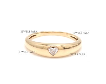 Natural diamond heart flush set chunky ring gold | Real 0.12 cts heart cut diamond bezel set gypsy ring pinky ring gold | Real diamond ring