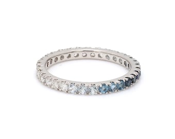 Blue sapphire topaz aquamarine half blue ombre half diamond eternity band in 14k 18k gold | Natural 2mm sapphire diamond stackable ring gold