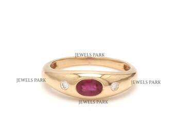 Chunky ruby and diamond gypsy ring gold | Natural ruby oval cut flush set diamond ring gold | Vintage ruby signet ring gold