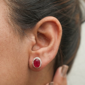 Ruby oval cut halo diamond earring studs gold | Natural oval cut ruby diamond big studs gold | Big ruby oval cut diamond stud earrings gold