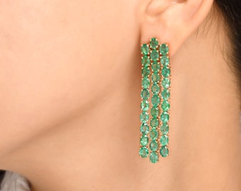 Antique emerald earrings gold, Emerald long oval earrings gold, 20CT emerald chandelier earrings gold, Oval emerald earrings 14k gold gift