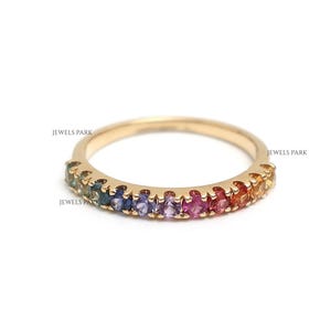 Rainbow sapphire round half eternity band ring gold | Natural rainbow ombre sapphire round stackable ring gold | Rainbow sapphire ring gold