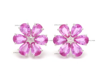 Pink Sapphire Diamond Flower Earrings Studs Gold Natural Pink