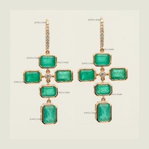 Smaragd Achteck Diamant Ohrringe Gold | Natürliche Smaragdschliff Smaragd Diamant Kreuz Ohrringe Gold | Smaragd Kreuz Ohrringe goldfarben