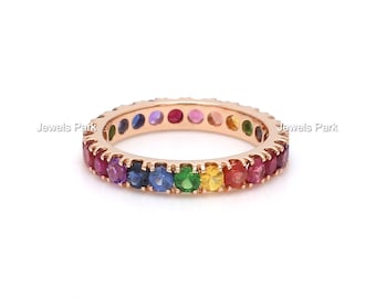 Rainbow sapphire ring eternity band gold | Rainbow gemstone stackable rainbow ring gold | 2.50mm sapphire tsavorite amethyst ruby ring gold