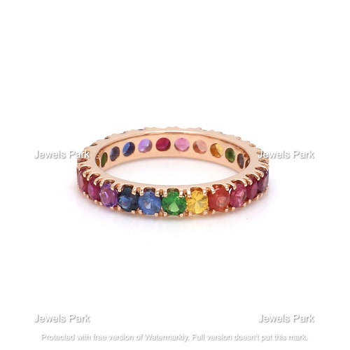 Treasure Hub 9K Solid Gold Natural Rainbow Sapphire Eternity Band Ring - 3mm Wide (Made To Size)