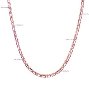 Pink sapphire emerald cut tennis necklace  gold | Natural octagon cut pink sapphire chain necklace gold | Pink sapphire tennis necklace gold