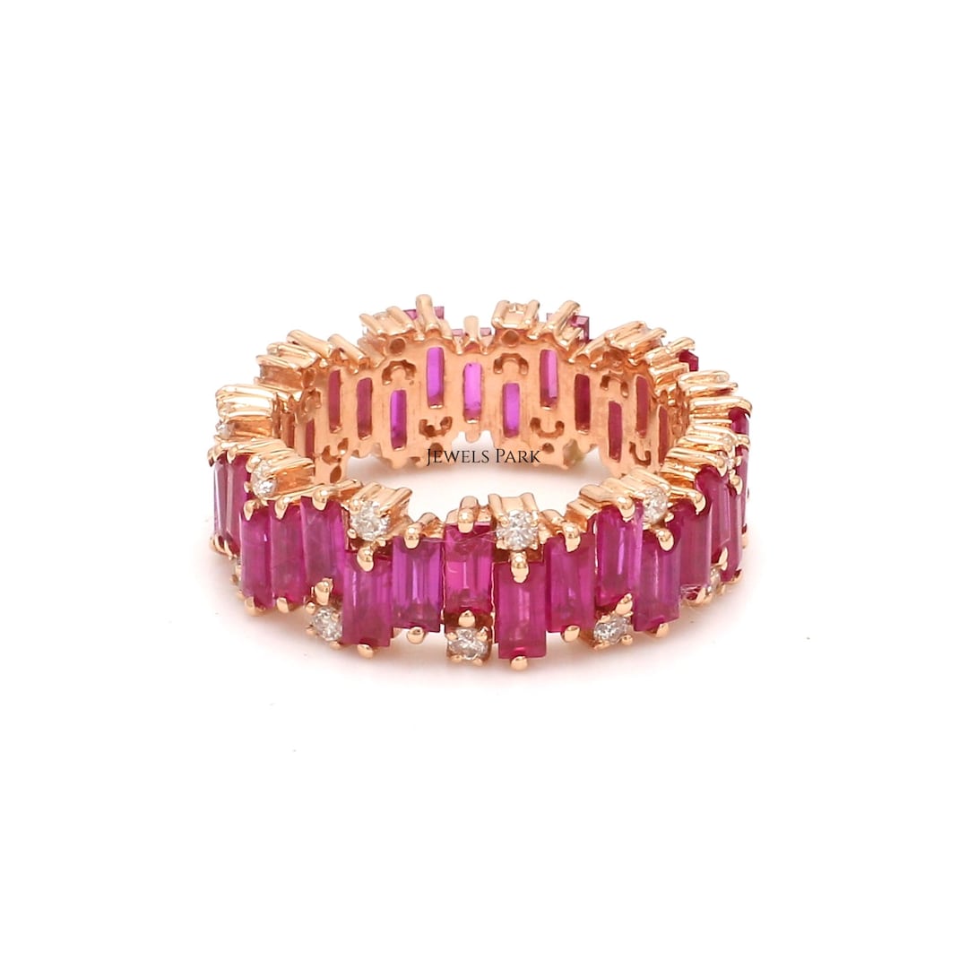 Ruby Diamond Baguette Cut Eternity Band Ring Gold | Natural Ruby Zig ...