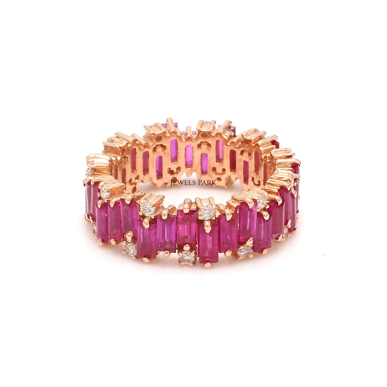 Ruby diamond baguette cut eternity band ring gold | Natural ruby zig zag design ring gold | Ruby birthstone ring gold | Ruby eternity band