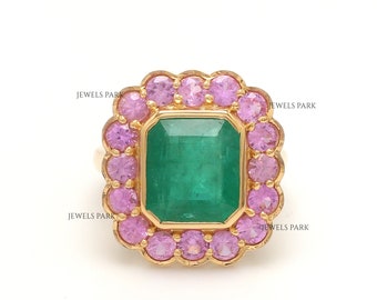 Vintage pink sapphire emerald ring gold | Natural emerald cut emerald pink sapphire ring gold | Antique big emerald pink sapphire ring gold