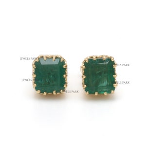 Real emerald prong set big emerald cut studs earring gold | Natural emerald cut emerald studs gold | Emerald stud earring gold ready to ship
