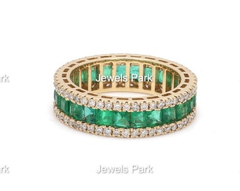Emerald ring eternity band 14K solid gold | Natural emerald diamond ring | Green emerald cut diamond band ring | Real emerald wedding band