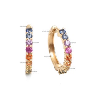 Rainbow sapphire round mini hoops earrings gold | Natural prong set rainbow ombre sapphire earrings gold | Rainbow ombre sapphire hoops gold