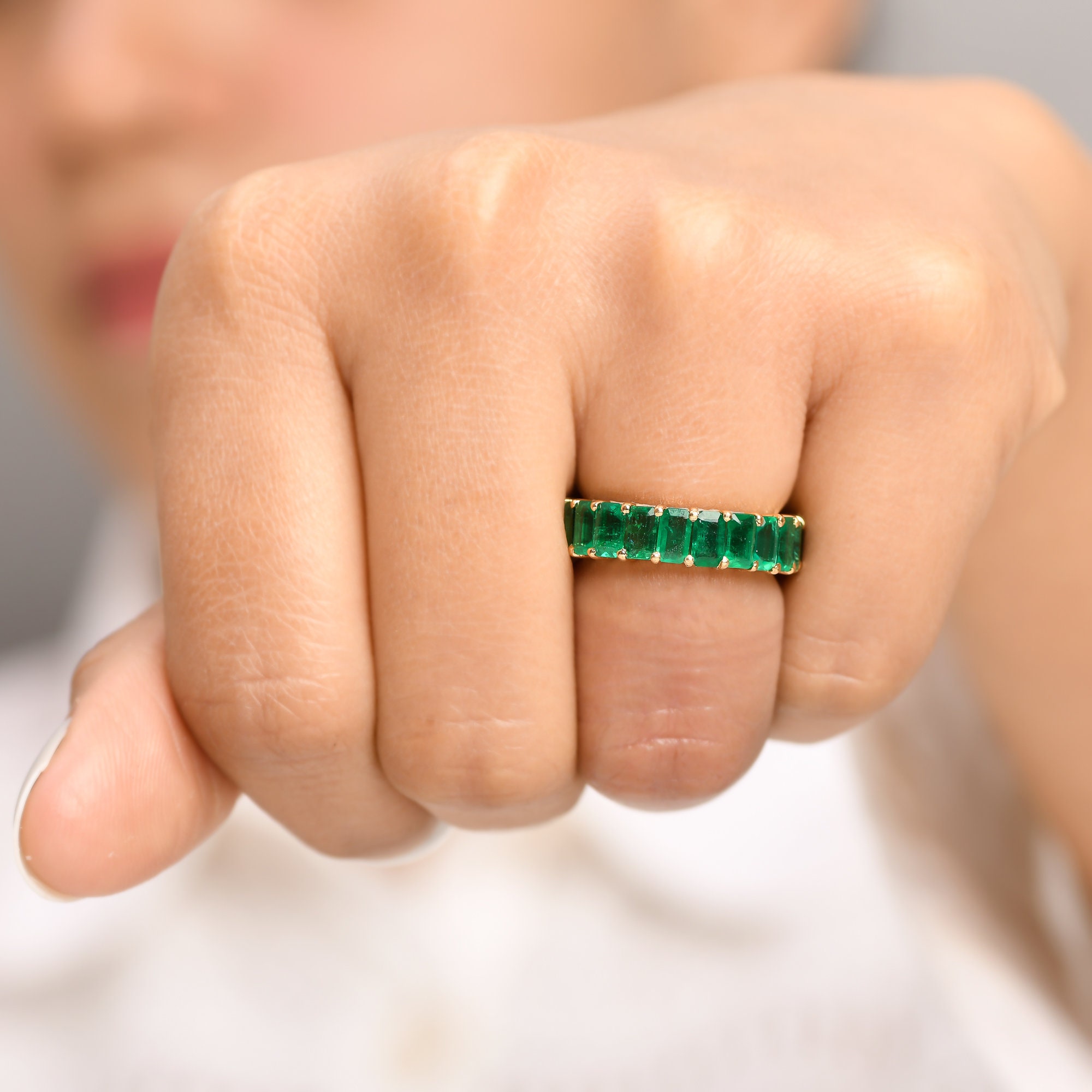 Emerald Cut Natural Emerald Eternity Band Ring in 14k 18k Gold ...