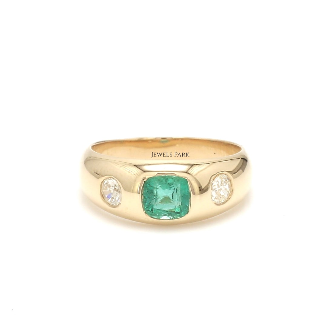 Vintage Emerald Old Mine Cut Diamond Flush Set Chunky Gypsy Ring