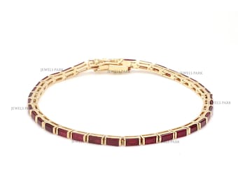 Real ruby baguette channel set tennis bracelet gold | Natural red ruby baguette bracelet gold | Baguette cut ruby thin tennis bracelet gold