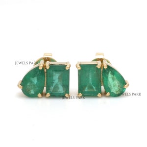 Brinco octógono esmeralda e pêra com duas pedras em ouro | Pregos estilo toi et moi esmeralda natural 4CT em ouro | Brinco com tachas esmeraldas corte esmeralda