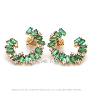 Emerald diamond earrings 14K 18K gold | Natural emerald cut hoop earrings gold | Baguette cut emerald huggies earrings | Ready to ship gift