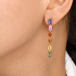 Rainbow sapphire emerald cut dangling earrings gold | Natural emerald cut sapphire hoops earrings gold | Real rainbow sapphire earrings gold