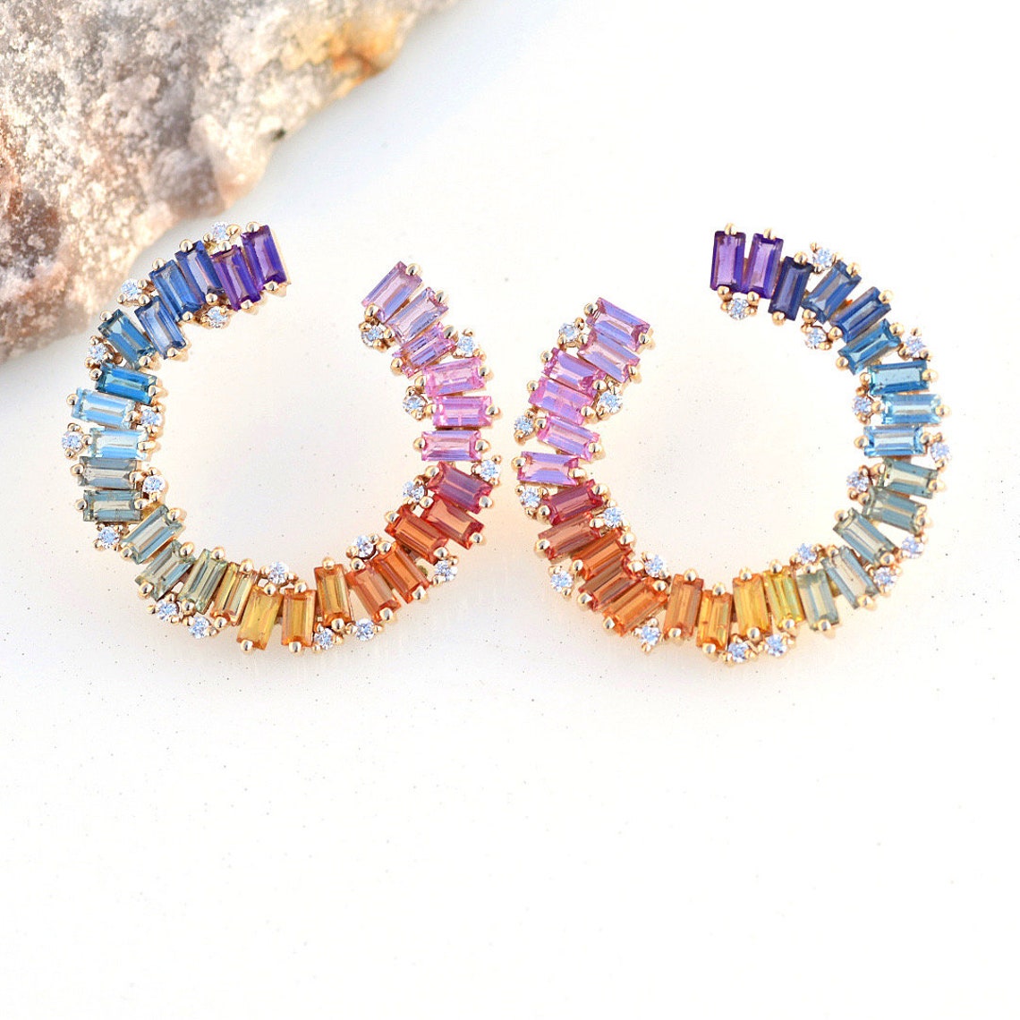 Rainbow Sapphire Baguette Hoops Earrings 14K Solid Gold Etsy UK