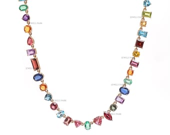 Multi Edelstein Mix Form Halskette Gold | Natürliche Edelstein-Tenniskette gold | Mix Form Edelstein Regenbogen bunt Halskette Gold