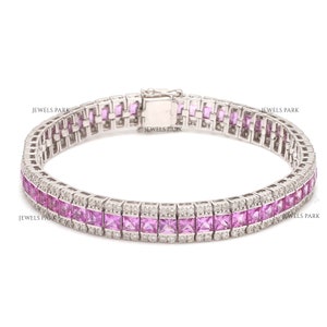 Pink sapphire princess cut tennis bracelet in gold | Pink sapphire diamond bracelet | Real pink sapphire bracelet | Sapphire bracelet