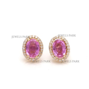 Rosa Saphir Ovalschliff Diamant Halo Ohrstecker Gold | Natürliche ovale geschnittene rosa Saphir Ohrstecker Gold | Pink Saphir Ohrringe Gold