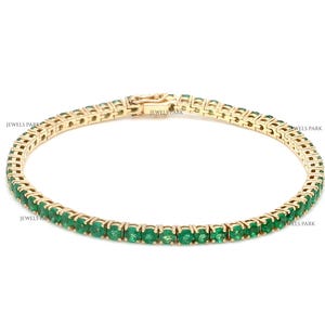 Emerald round tennis bracelet gold | Natural emerald round cut prong set tennis bracelet gold | Emerald tennis bracelet gift for him