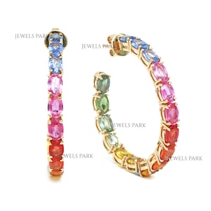 Rainbow Sapphire oval cut big hoops earring gold | Natural 40MM 6x4MM 20CTW oval rainbow sapphire hoops earring gold | Rainbow earrings gold