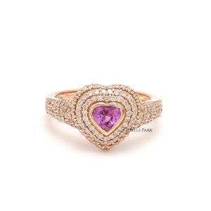 Pink sapphire heart and diamond ring gold | Natural 4MM pink sapphire ring gold | Bezel set heart ring | Pinky heart pink sapphire ring gold