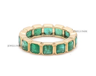 Antique emerald asscher cut eternity band ring gold, Natural bezel set square emerald eternity band gold, Emerald cut ring, Vintage ring