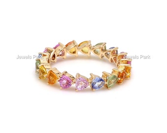 Rainbow sapphire trillion cut rainbow pattern eternity ring band 14k 18k gold | Natural 3.0mm multi sapphire pink sapphire rainbow ring gold