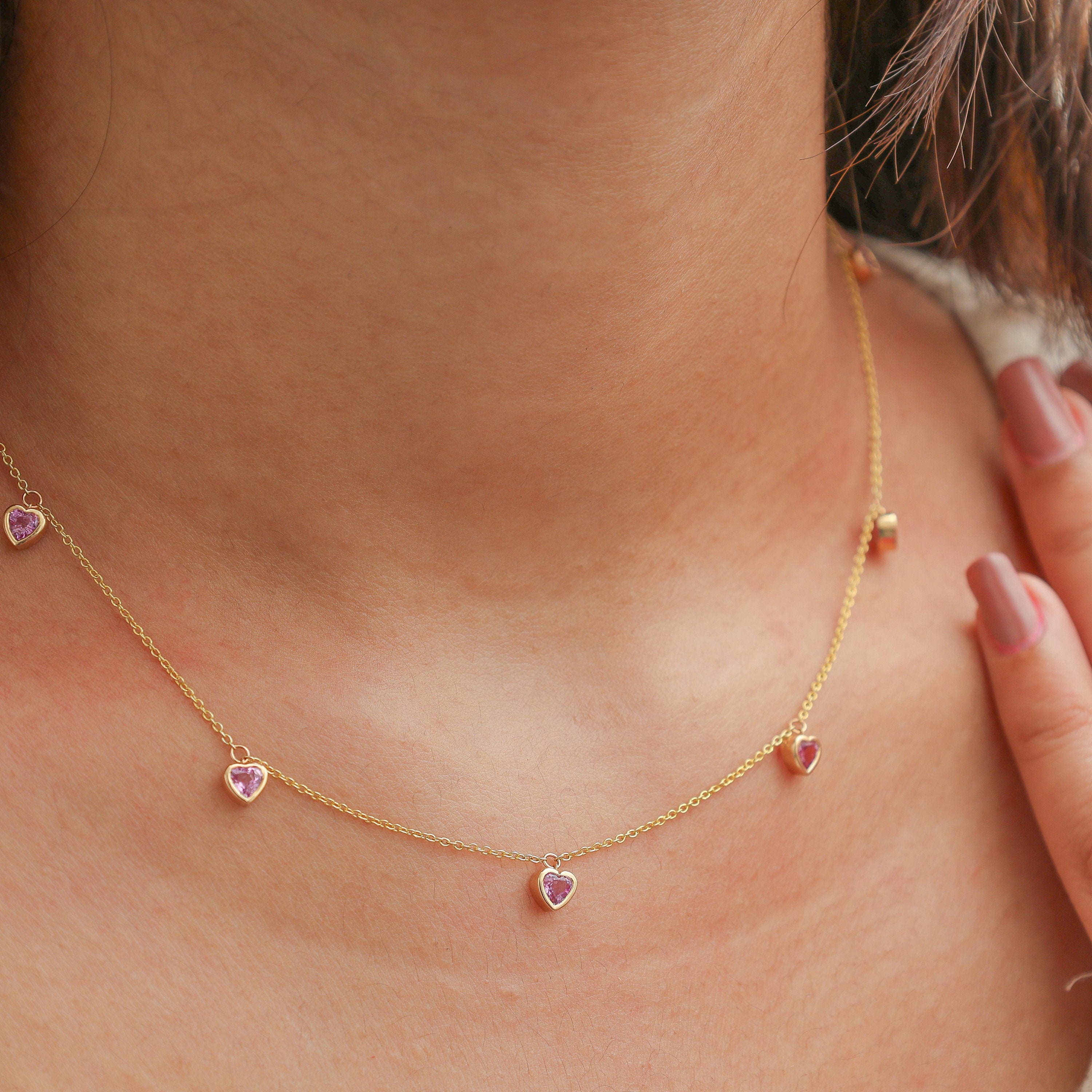Pink Sapphire Bezel Set Heart Charms Necklace Gold | Natural