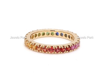 Rainbow sapphire multi sapphire eternity band ring in 14k 18k gold | 2.0 mm round natural rainbow sapphire pink sapphire rainbow ring gold