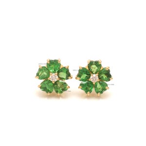 Natural heart tsavorite garnet diamond studs earrings gold | Natural tsavorite floral mini studs earrings gold |Tsavorite floral earrings