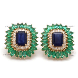 Emerald marquise emerald cut blue sapphire studs earrings gold | Emerald blu e sapphire studs earrings gold | Natural emerald earrings gold