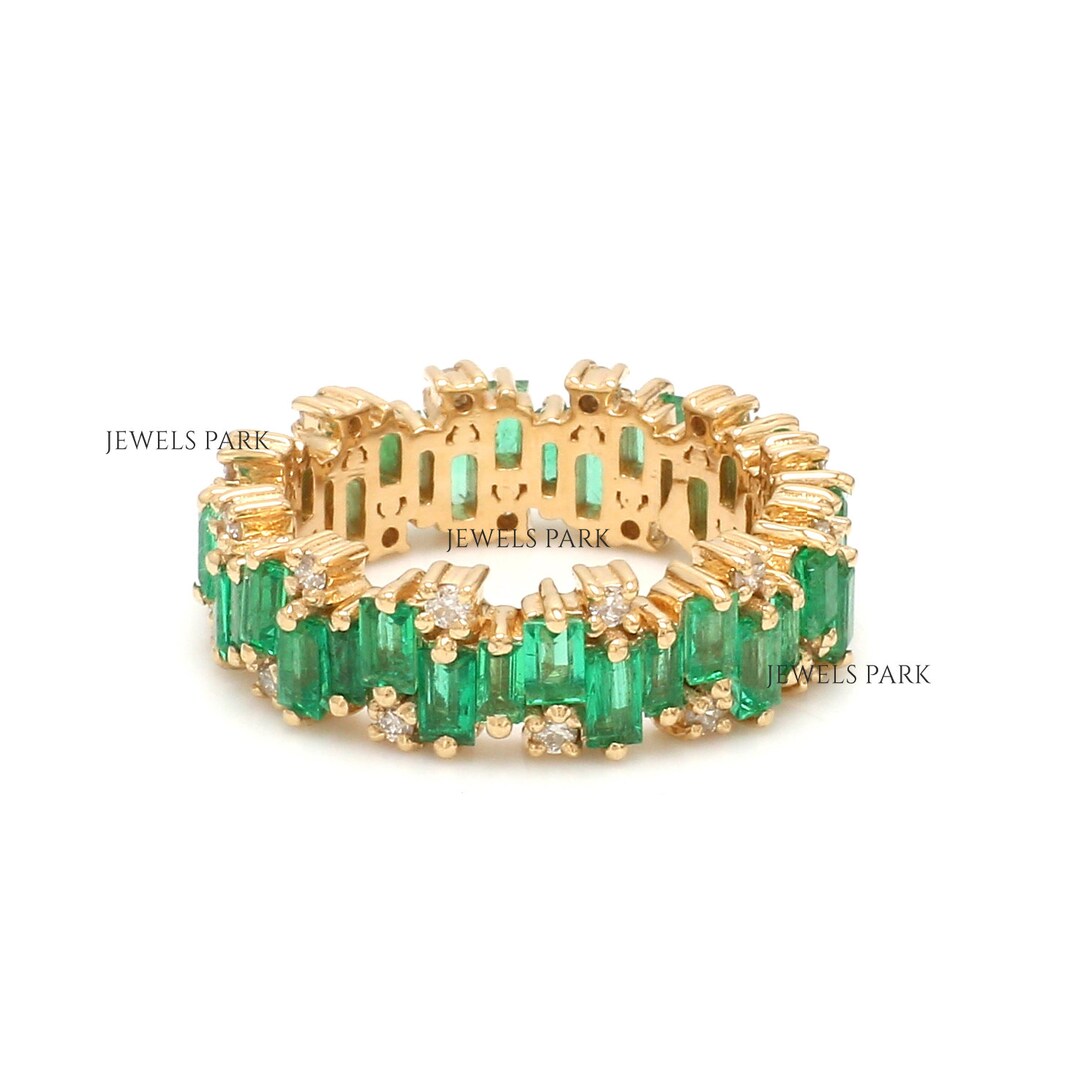 Emerald Ring Eternity Band 14k Solid Gold | Natural 4CTW Baguette Cut ...