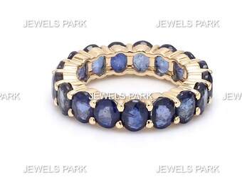 Blue sapphire eternity band ring 14K gold | Natural oval blue sapphire ring gold | Blue wedding band eternity ring | Oval Sapphire ring gold